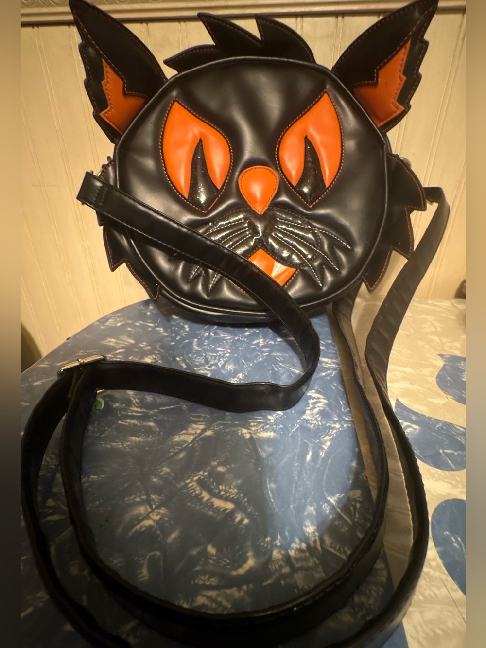 Love Pain and Stitches Pumpkin Kult Black and Orange Cat Face Crossbody Bag